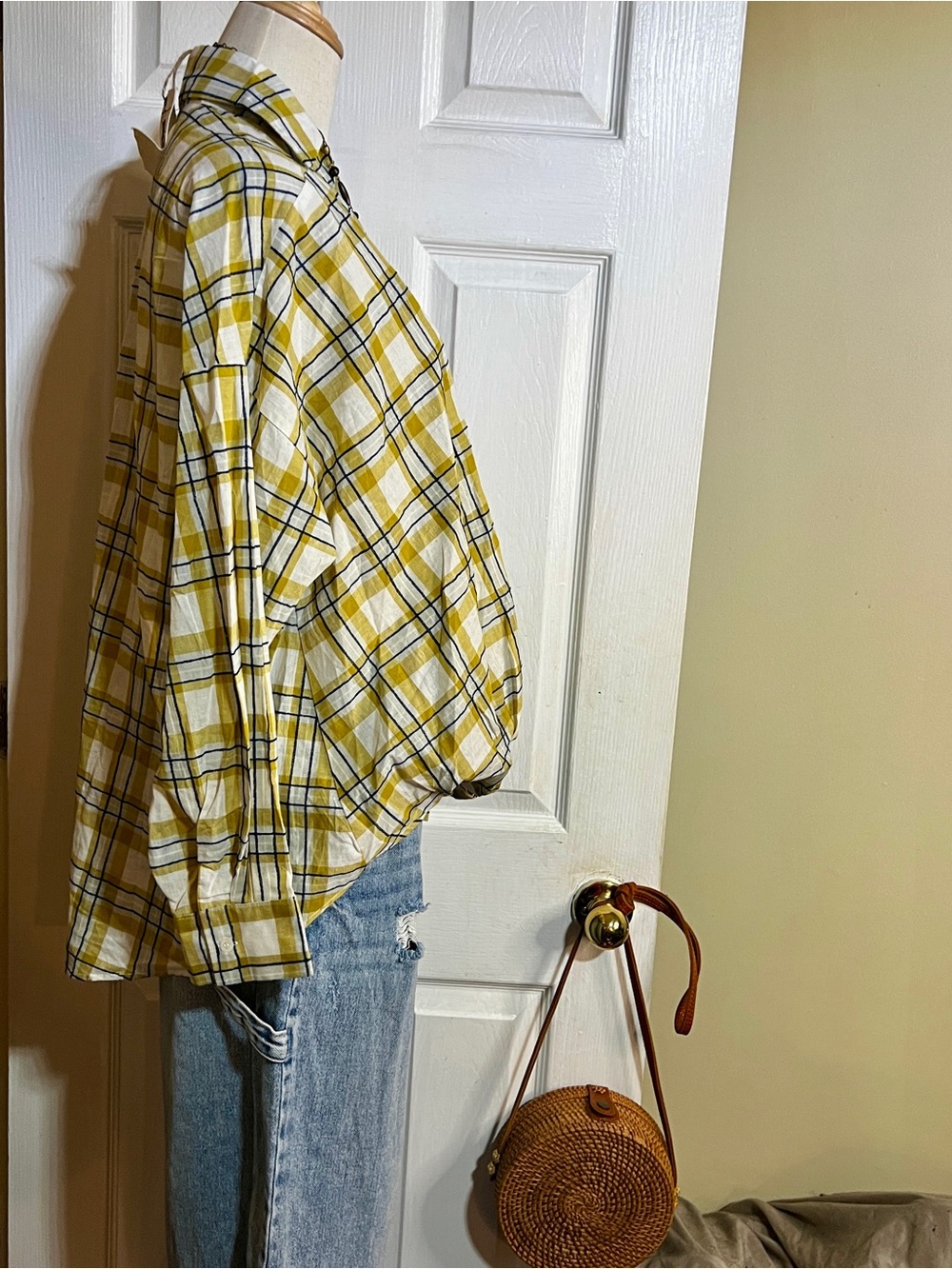 New Easel Wms Yellow Navy Stitched Knit Cotton Textured Twist Hem Plaid Shirt S - Picture 4 of 10
